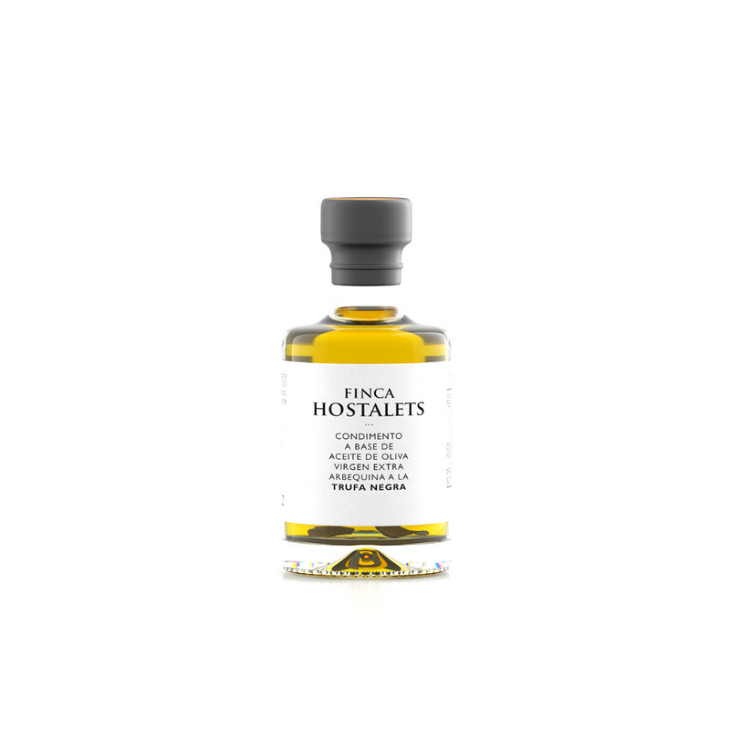 Aceite de oliva arbequina con trufa blanca, sostenible y ecológico, en botella elegante