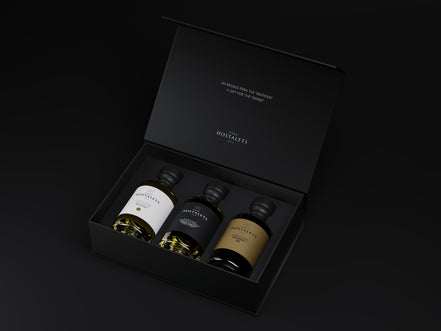 Gourmet Case "selection" Finca Hostalets: Trilogy of Artisan Flavors: Organic EVOO, White Truffle Seasoning and Balsamic Vinegar "GRAN RESERVA¨ 50 years Limited Edition. 3 bottles/100 ML