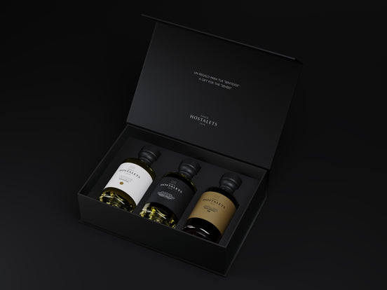 Gourmet Case "selection" Finca Hostalets: Trilogy of Artisan Flavors: Organic EVOO, White Truffle Seasoning and Balsamic Vinegar "GRAN RESERVA¨ 50 years Limited Edition. 3 bottles/100 ML