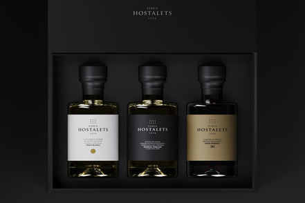 Gourmet Case "selection" Finca Hostalets: Trilogy of Artisan Flavors: Organic EVOO, White Truffle Seasoning and Balsamic Vinegar "GRAN RESERVA¨ 50 years Limited Edition. 3 bottles/100 ML