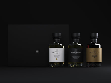 Gourmet Case "selection" Finca Hostalets: Trilogy of Artisan Flavors: Organic EVOO, White Truffle Seasoning and Balsamic Vinegar "GRAN RESERVA¨ 50 years Limited Edition. 3 bottles/100 ML
