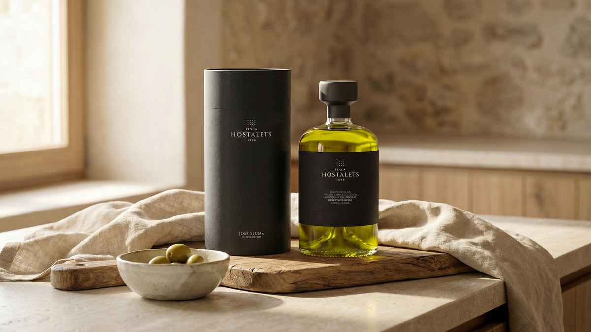 AOVE ecológico Reserva Familiar de Finca Hostalets 1898 junto a su estuche negro, con luz de mañana