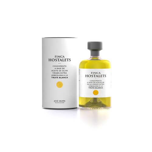 "Aceite de oliva virgen extra arbequina con trufa blanca de agricultura sostenible y ecológica, en botella elegante 